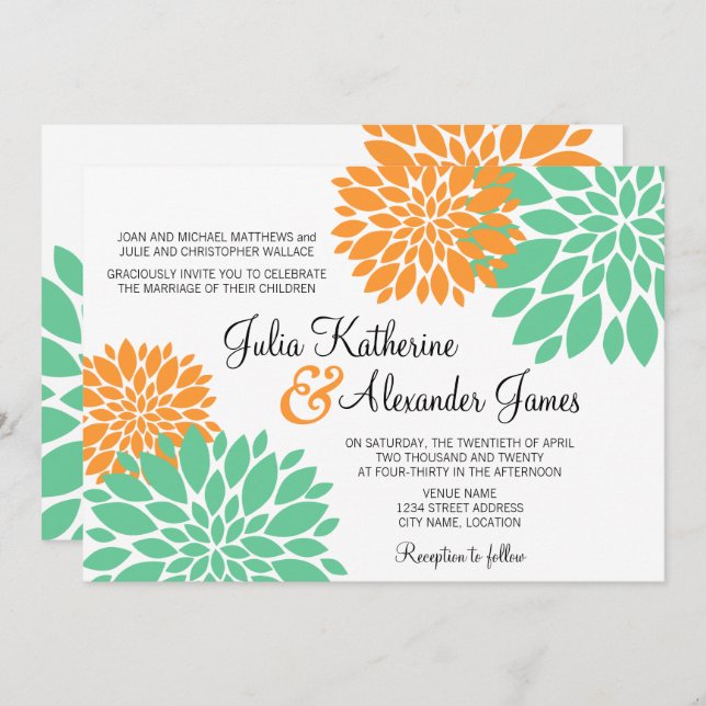 Convite Casamento de Elegante Mint e Orange Floral Burst (Frente/Verso)