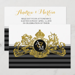Convite Casamento de Emblem Regal de Leão Branco Dourado 