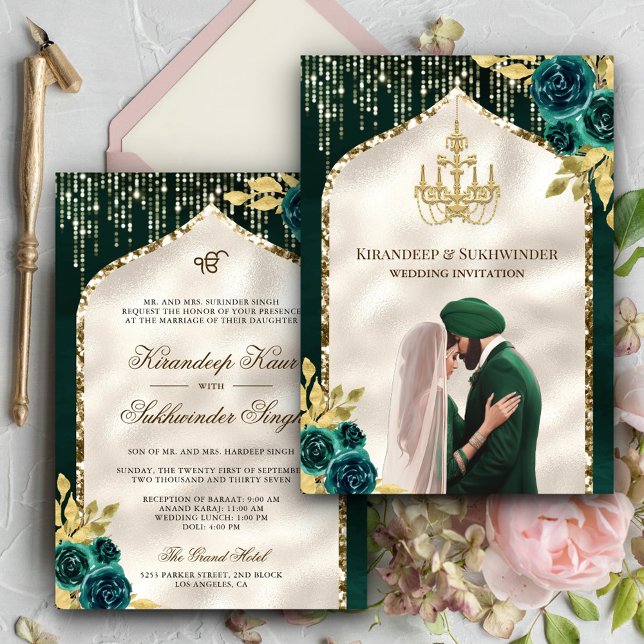 Convite Casamento de Emerald Green Floral Dourada Anand Ka (Criador carregado)