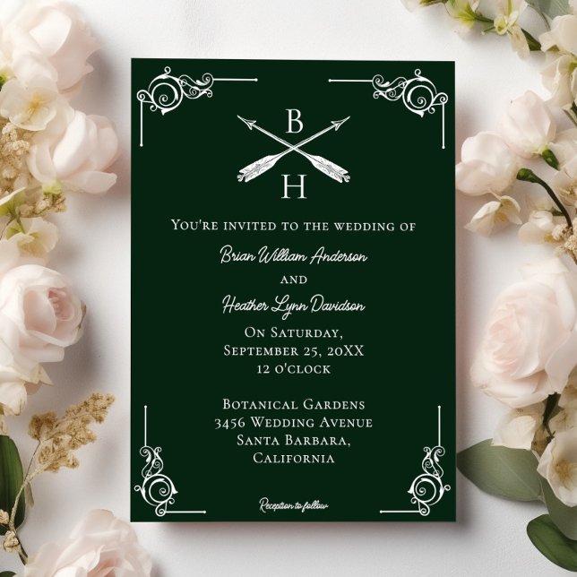 Convite Casamento de Emerald Green Monograma e Setas (Emerald Green Monogram and Arrows Wedding Invitation)