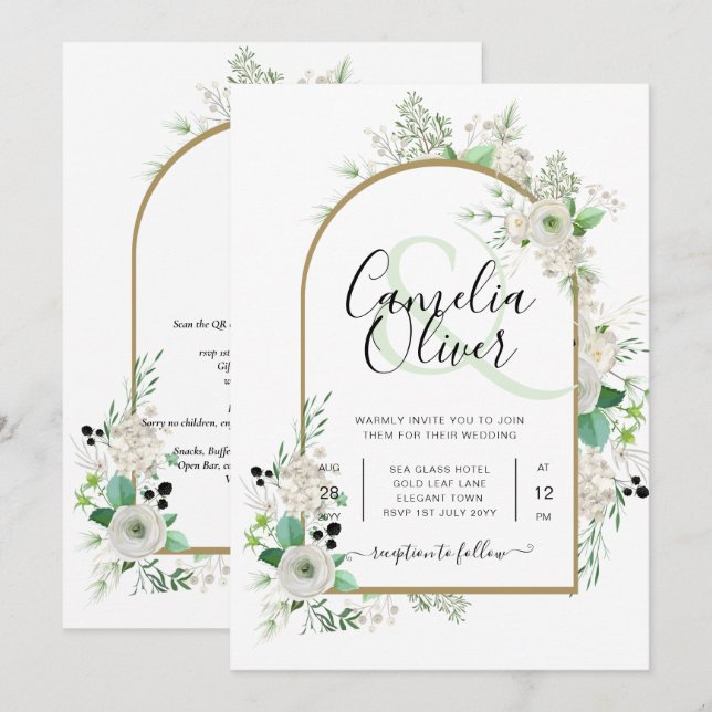 Convite Casamento de Emerald Greenery, Roses Brancas de Ve (Frente/Verso)