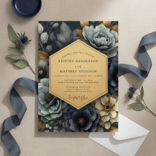 Convite Casamento de Encanamento Floral Azul-Marinho Profu