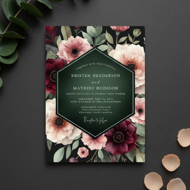 Convite Casamento de Encantamento Floral Burgundy Profundo (Criador carregado)