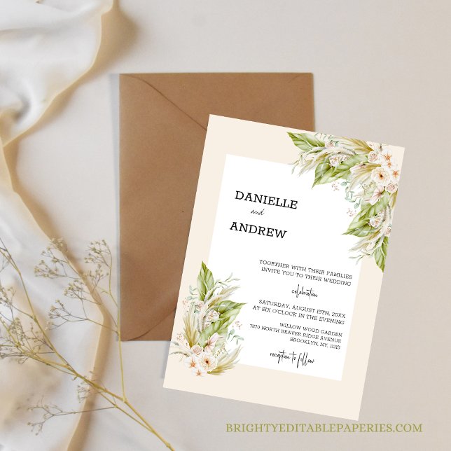 Convite casamento de erva pampas (Set the tone for a chic and stylish wedding with our tropical pampas grass invitation.)