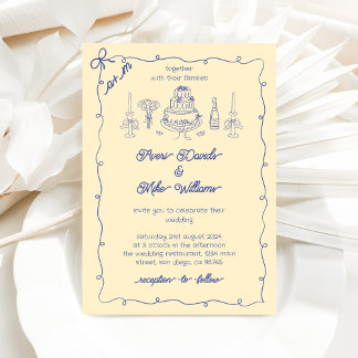 Convite Casamento de Escrita Manual Azul Amarelo la dolce