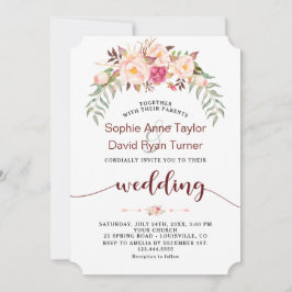 Convite Casamento de Escrita Manual Floral com Blush Burgu