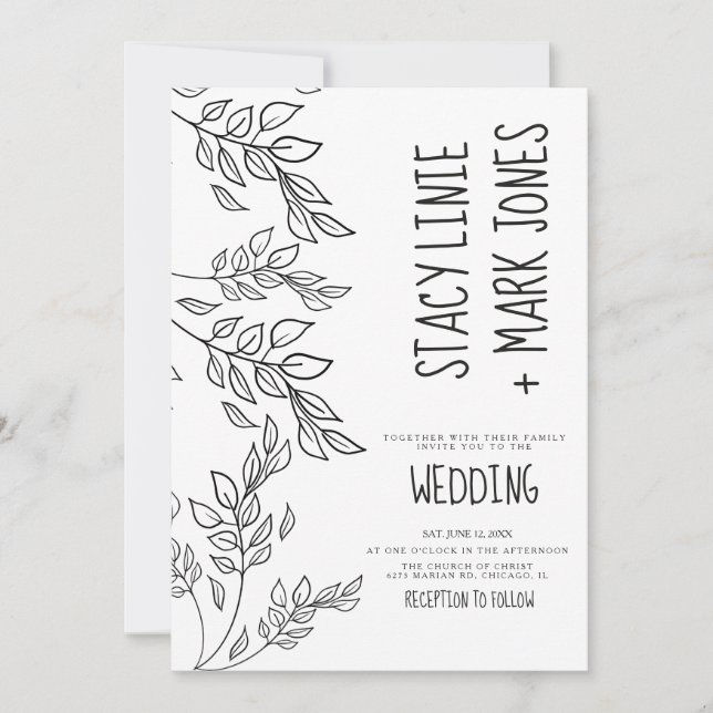 Convite Casamento de Escrita Negra Desenhada à Mão de Foil (Frente)