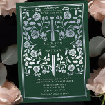 Convite Casamento de Espada Silver Real Medieval Verde<br><div class="desc">Entra num conto de romance e lenda! Estes convites de casamento de fantasia medieval apresentam uma espada real entrelaçada com florais prateados num pano de fundo verde rico. São perfeitos para casais que buscam um toque encantador e eterno para seu dia especial. Note que a prata nestes convites NÃO é...</div>