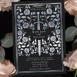 Convite Casamento de Espadas de Prata Real Medieval Negra<br><div class="desc">Entra num conto de romance e lenda! Estes convites de casamento de fantasia medieval apresentam uma espada real entrelaçada com flores de prata num pano de fundo preto. São perfeitos para casais que buscam um toque encantador e eterno para seu dia especial. Note que a prata nestes convites NÃO é...</div>