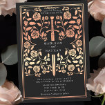 Convite Casamento de Espadas Douradas da Rosa Real Negra<br><div class="desc">Entra num conto de romance e lenda! Estes convites de casamento de fantasia medieval apresentam uma espada real entrelaçada com rosa dourado floral num pano de fundo preto. São perfeitos para casais que buscam um toque encantador e eterno para seu dia especial. Note que o rosa nestes convites NÃO é...</div>