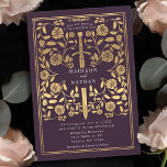 Convite Casamento de Espadas Douradas Real Medieval<br><div class="desc">Ponha o tom para o seu casamento de fantasia medieval com um design de convite ousado — uma espada de ouro cercada por florais contra um fundo de berinjela. Perfeito para casais sonhando com uma celebração épica e romântica. Torne a sua história de amor lendária à primeira vista! NOTA: o...</div>