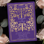 Convite Casamento de Espadas Douradas Roxo Real Medieval<br><div class="desc">Ponha o tom para o seu casamento de fantasia medieval com um design de convite ousado — uma espada de ouro cercada por florais contra um fundo roxo. Perfeito para casais sonhando com uma celebração épica e romântica. Torne a sua história de amor lendária à primeira vista! NOTA: o ouro...</div>