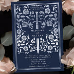 Convite Casamento de Espadas Silvulares Real Real Medieval<br><div class="desc">Entra num conto de romance e lenda! Estes convites de casamento de fantasia medieval apresentam uma espada real entrelaçada com florais de prata num fundo azul profundo. São perfeitos para casais que buscam um toque encantador e eterno para seu dia especial. Note que a prata nestes convites NÃO é impressa...</div>