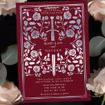 Convite Casamento de Espadas Vermelhas Medievais Vermelhas<br><div class="desc">Entra num conto de romance e lenda! Estes convites de casamento de fantasia medieval apresentam uma espada real entrelaçada com florais prateados num pano vermelho rico. São perfeitos para casais que buscam um toque encantador e eterno para seu dia especial. Note que a prata nestes convites NÃO é impressa com...</div>