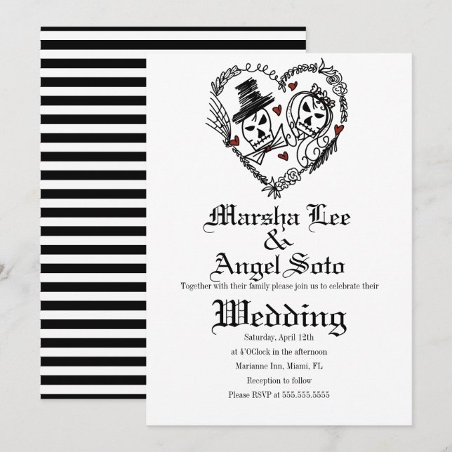 Convite Casamento de Esqueleto do Doodle de Halloween (Frente/Verso)