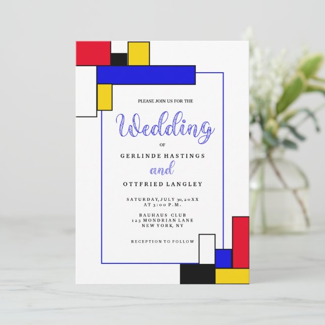 Convite Casamento de Estilo Bauhouse Mondrian (Em pé/Frente)