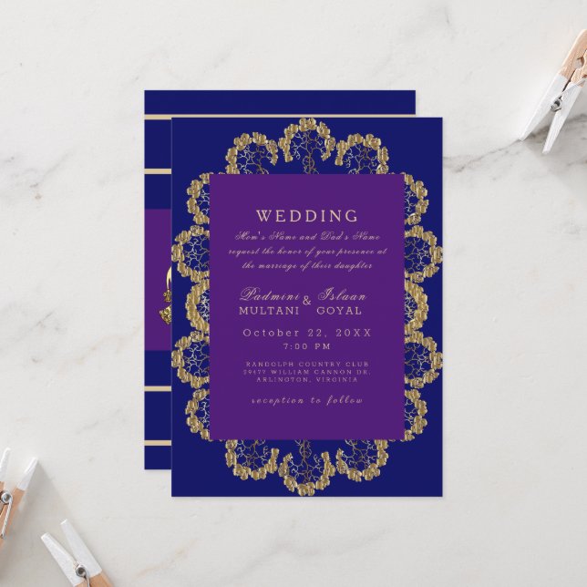 Convite Casamento de Estilo de Índio Real Azul e Roxo (Frente/Verso In Situ)