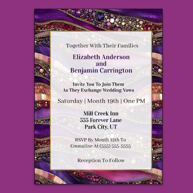Convite Casamento de Estratos com Joias Roxas e Douradas (Purple and Gold Jeweled Strata  Wedding Invitation)