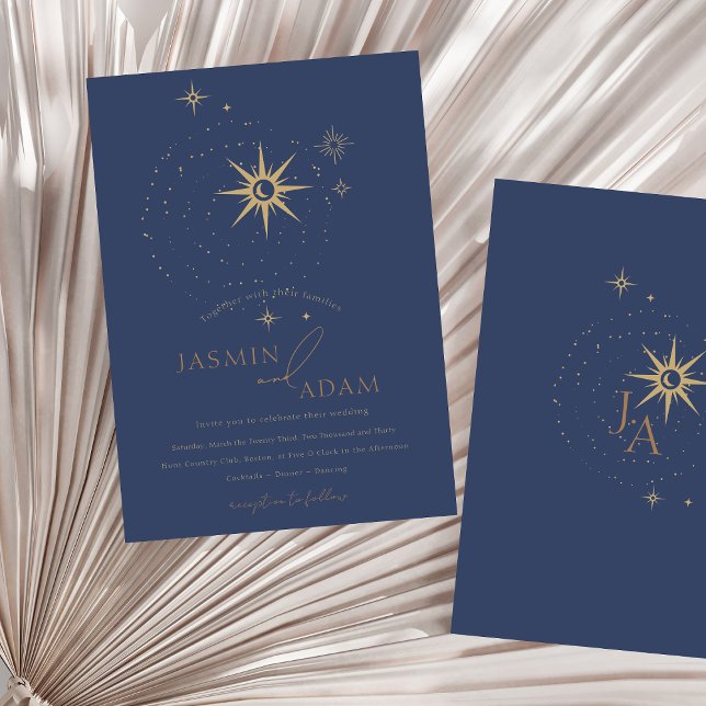 Convite Casamento de Estrelas Azuis Celestiais Douradas e  (Celestial Gold and Navy Blue Stars Wedding Invitation)