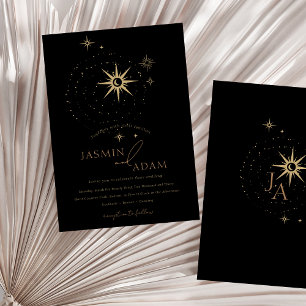 Convite Casamento de Estrelas Celestiais Douradas e Negras
