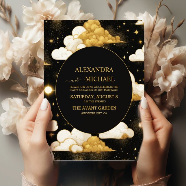 Convite Casamento de Estrelas Celestiais Douradas Místicas (Criador carregado)