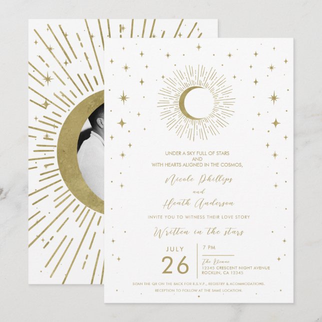 Convite Casamento de Estrelas Celestiais Explosão Solar Lu (Frente/Verso)