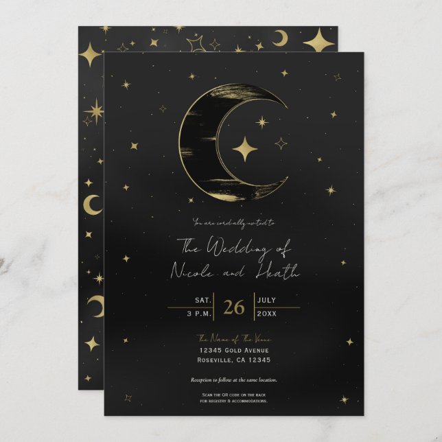 Convite Casamento de Estrelas Celestiais Negras e Douradas (Frente/Verso)