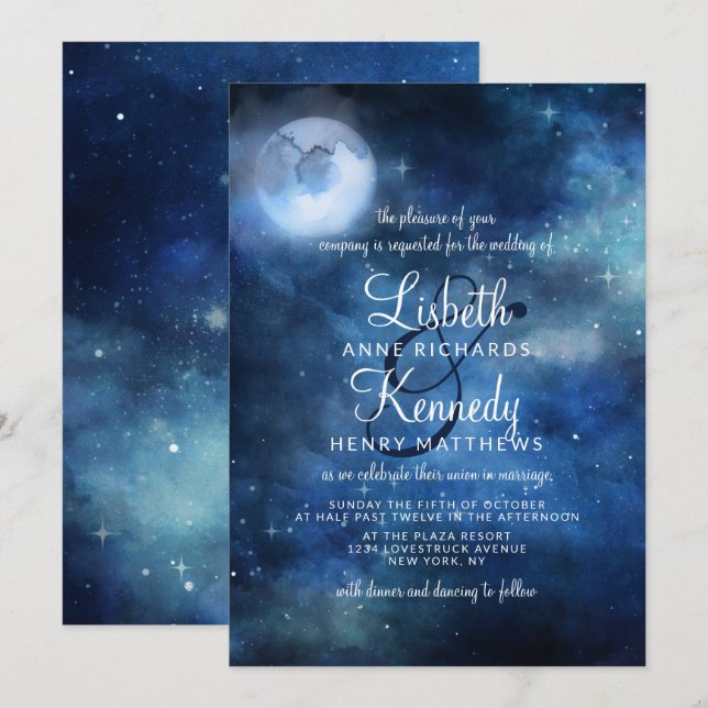 Convite Casamento de Estrelas da Galáxia Celestial Lua Che (Frente/Verso)