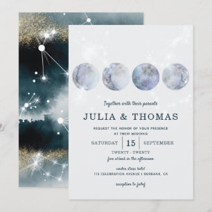 Convite Casamento de Estrelas Douradas Azuis da Lua Elegan