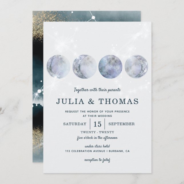Convite Casamento de Estrelas Douradas Azuis Elegante Lua (Frente/Verso)