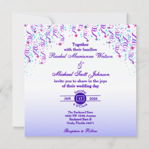Convite Casamento de Estrelas e Streamers Rosa e Roxo