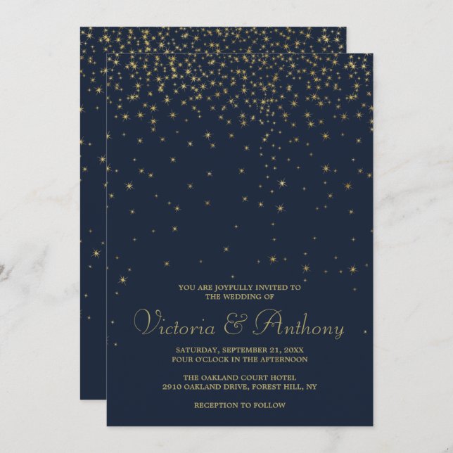 Convite Casamento de Estrelas Marinhos Elegantes e Dourada (Frente/Verso)