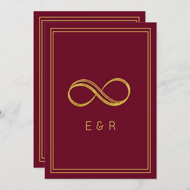 Convite Casamento de Eternidade Dourada Elegante Burgundy (Frente/Verso)