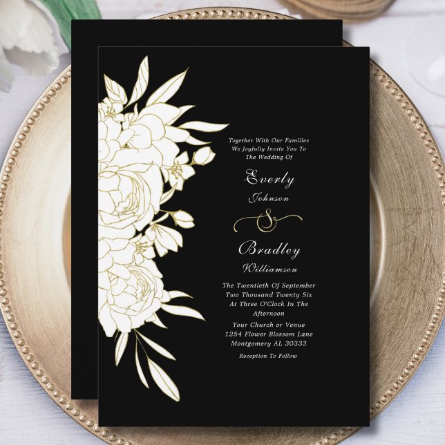 Convite Casamento de Eterno Floral Elegante Dourado Negro (Criador carregado)