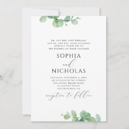 Convite Casamento de eucalipto aquarela. Folhagem verde