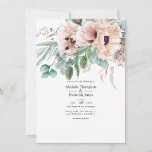 Convite Casamento de Eucalipto Boêmio com Papoula Rosa
