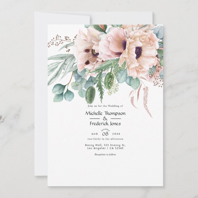 Convite Casamento de Eucalipto Boêmio com Papoula Rosa (Frente)