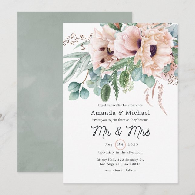 Convite Casamento de Eucalipto Boêmio Rosa Papoula (Frente/Verso)
