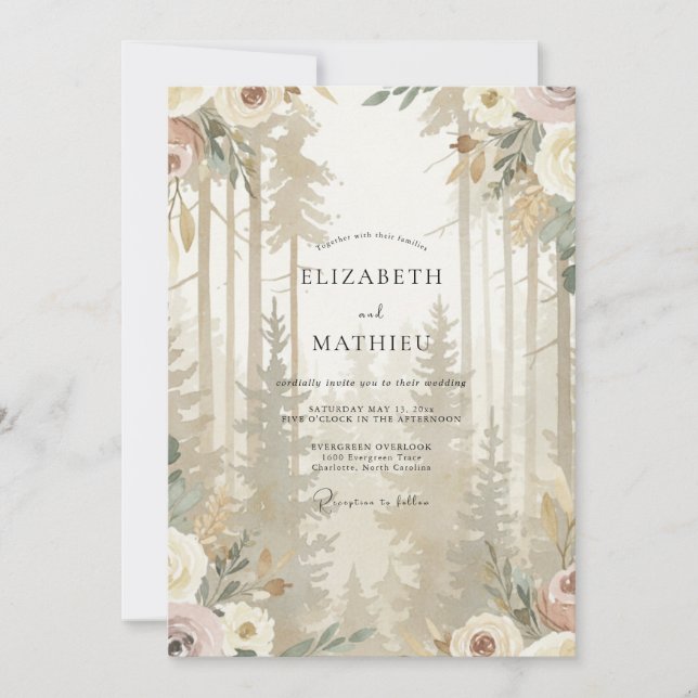 Convite Casamento de Eucalipto Bosque Bege (Frente)