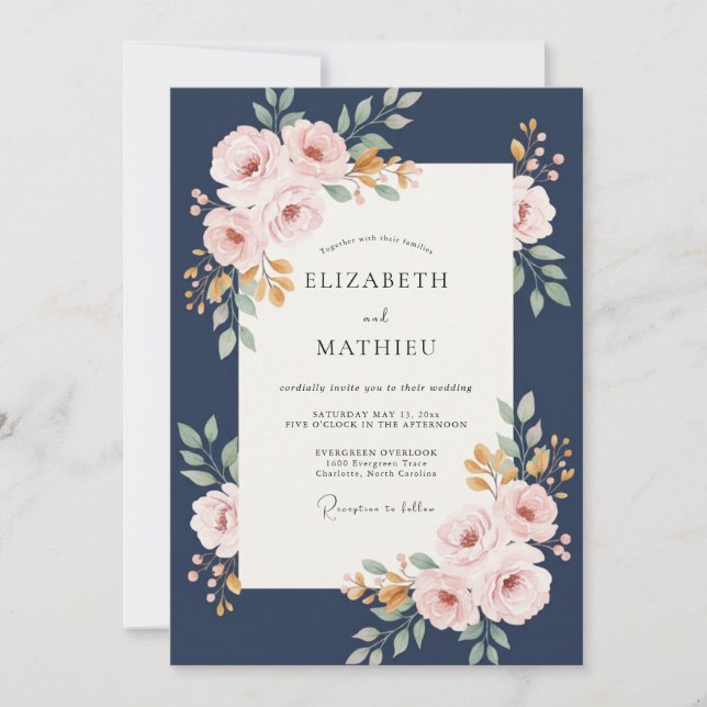 Convite Casamento de Eucalipto Bouquet Dourado Marinho (Frente)