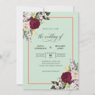 Convite Casamento de Eucalipto Buquê Carmesim Menta