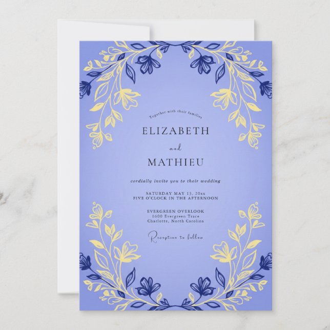Convite Casamento de Eucalipto Cinza com Folhagem Dourada  (Frente)