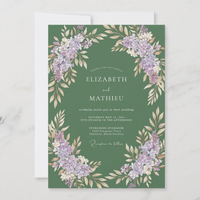 Convite Casamento de Eucalipto Cinza Oliva Lilás (Frente)