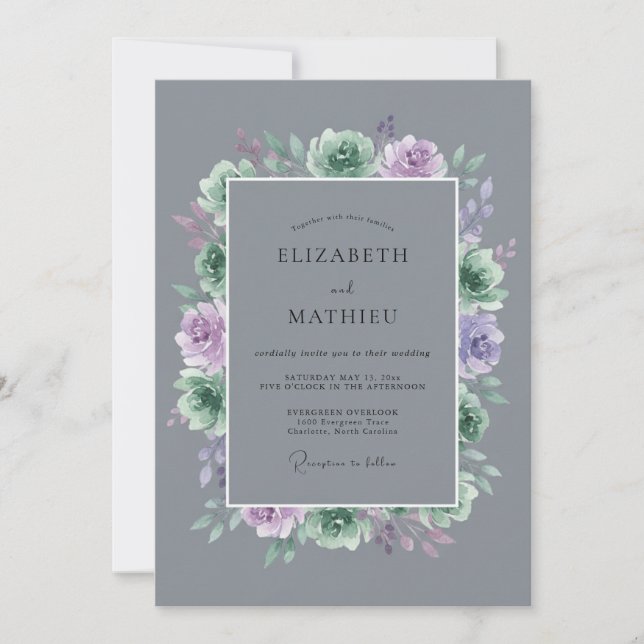 Convite Casamento de Eucalipto Cinza Succulent Lilás Ardós (Frente)