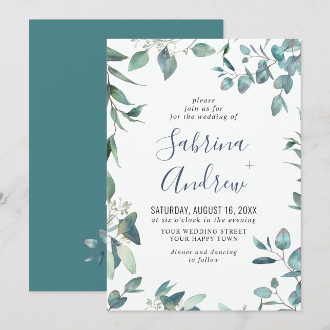 Convite Casamento de Eucalipto com Aquarela Elegante (Frente/Verso)