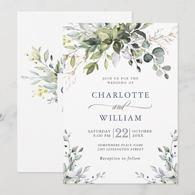 Convite Casamento de Eucalipto com Aquarela Elegante (Frente/Verso)