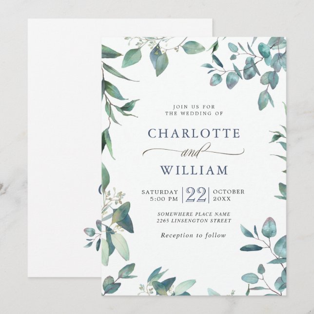 Convite Casamento de Eucalipto com Aquarela Elegante (Frente/Verso)