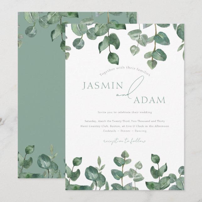 Convite Casamento de Eucalipto com Aquarela em Verde Sálvi (Frente/Verso)