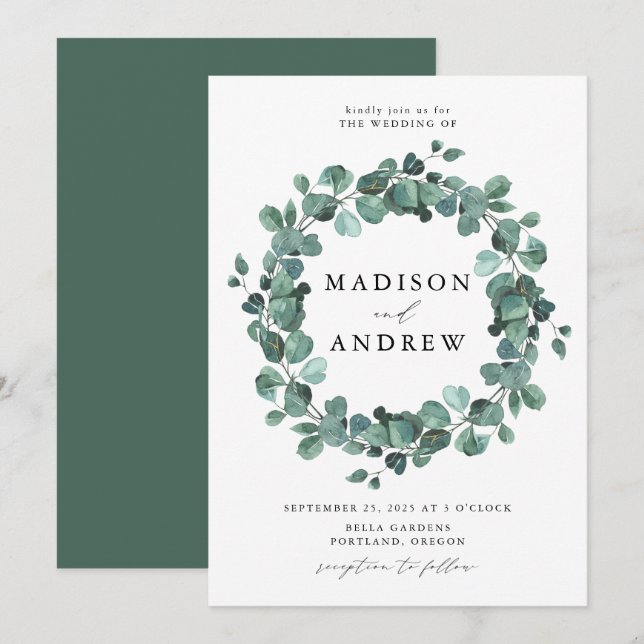 Convite Casamento de Eucalipto com Aquarela Moderna (Frente/Verso)