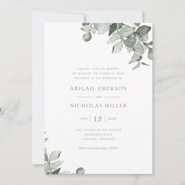 Convite Casamento de Eucalipto com Aquarela Simples e Eleg (Frente)